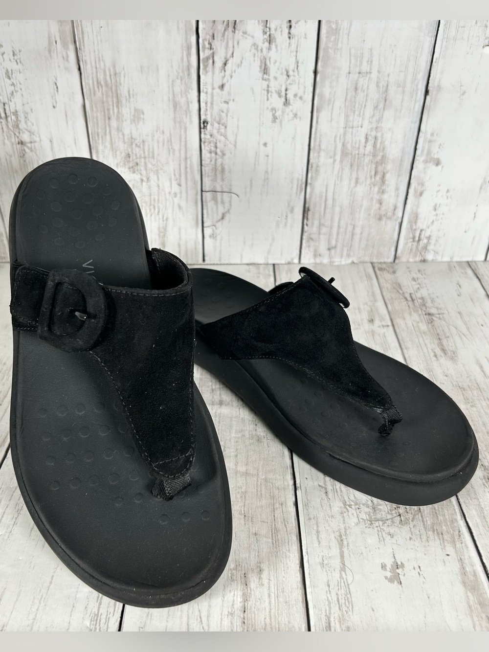 VIONIC Activate RX Black Suede Thong Flat Slide Sandals Size US 8.5 EU 39 CLEAN
